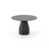 Modern round table with a dark gray top and black base on a white background