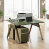 Modern office desk with a green top and beige sides on a white background