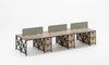 Long wooden desk with metal frame and green partitions on a white background