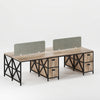 Wooden office desk with black metal frame and green mesh panels on a white background