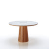 Round table with a wooden base and glass top on a white background