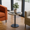 Small round table with a plant, glasses, and book in a modern living room.