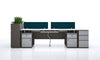 Modern office desk with green partition screens and plant on a white background