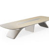 Modern coffee table with a light wood top and white base on a white background