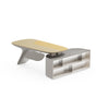 Modern coffee table with a light wood top and metal base on a white background