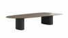 Modern coffee table with a wooden top and black cylindrical legs on a white background
