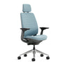 Blue office chair with black armrests and wheels on a white background