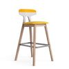Bar stool with yellow seat and backrest on a white background