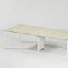 Rectangular table with light wooden top and white metal legs on a white background